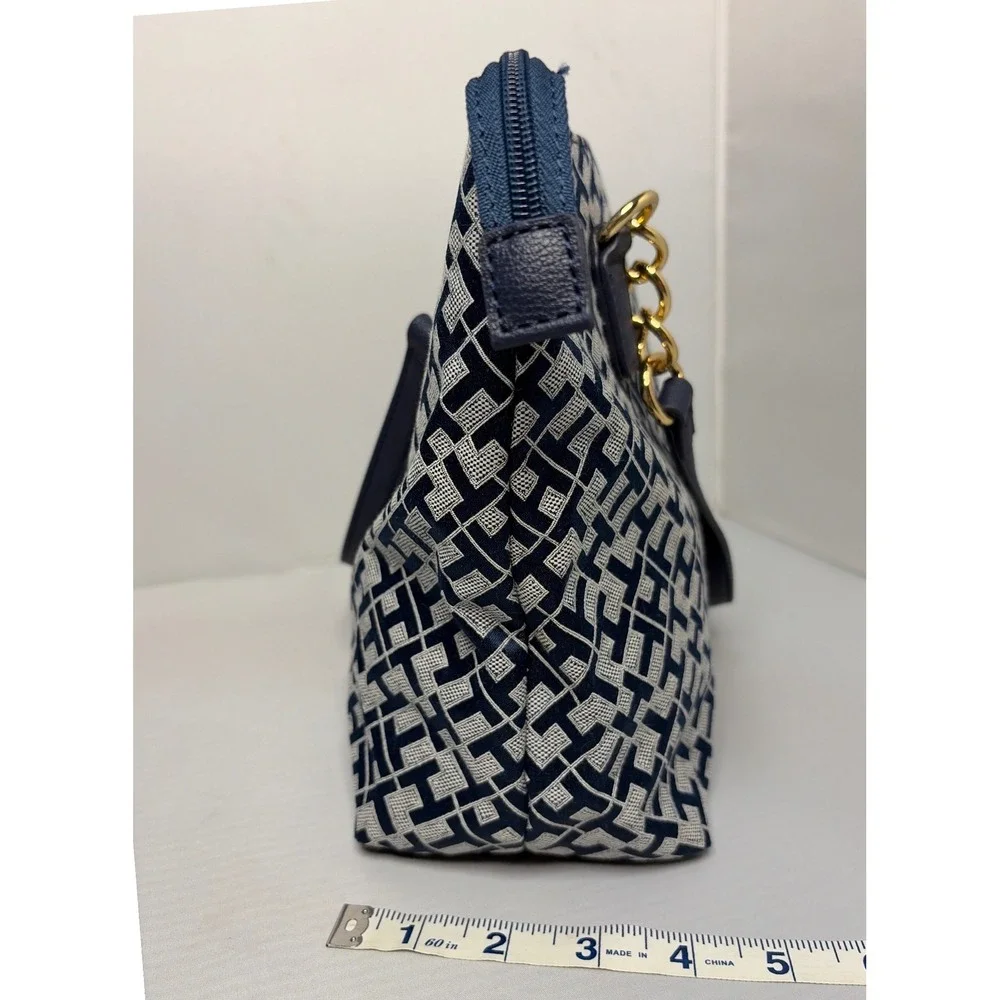 Tommy Hilfiger Navy White Geometric Logo Jacquard Tote Bag Gold Chain Straps